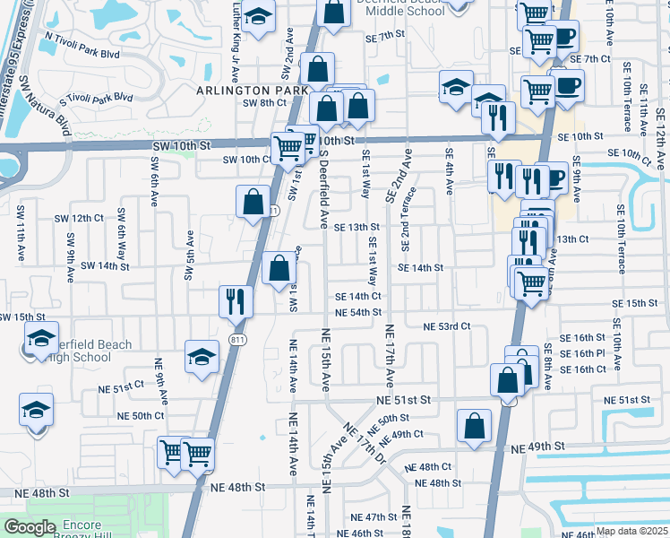 map of restaurants, bars, coffee shops, grocery stores, and more near 4 Southeast 14th Street in Deerfield Beach
