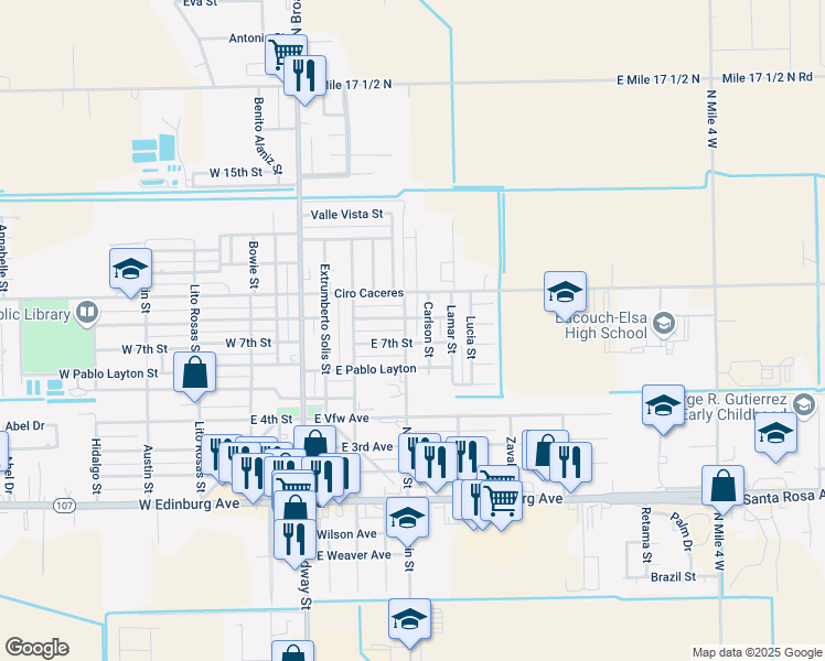 map of restaurants, bars, coffee shops, grocery stores, and more near 712 North Fannin Street in Monte Alto