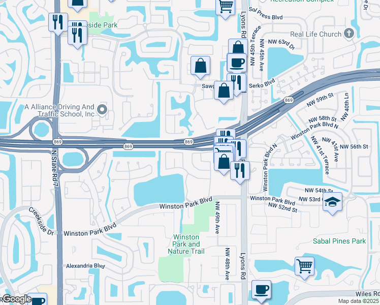 map of restaurants, bars, coffee shops, grocery stores, and more near 5560 Northwest 50th Avenue in Coconut Creek