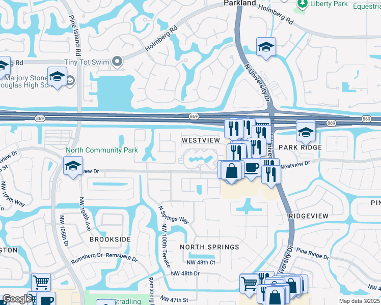 map of restaurants, bars, coffee shops, grocery stores, and more near 9877 Westview Drive in Coral Springs