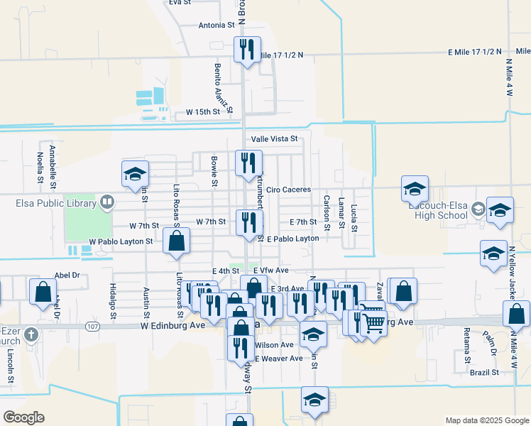 map of restaurants, bars, coffee shops, grocery stores, and more near 636 Crockett Street in Elsa