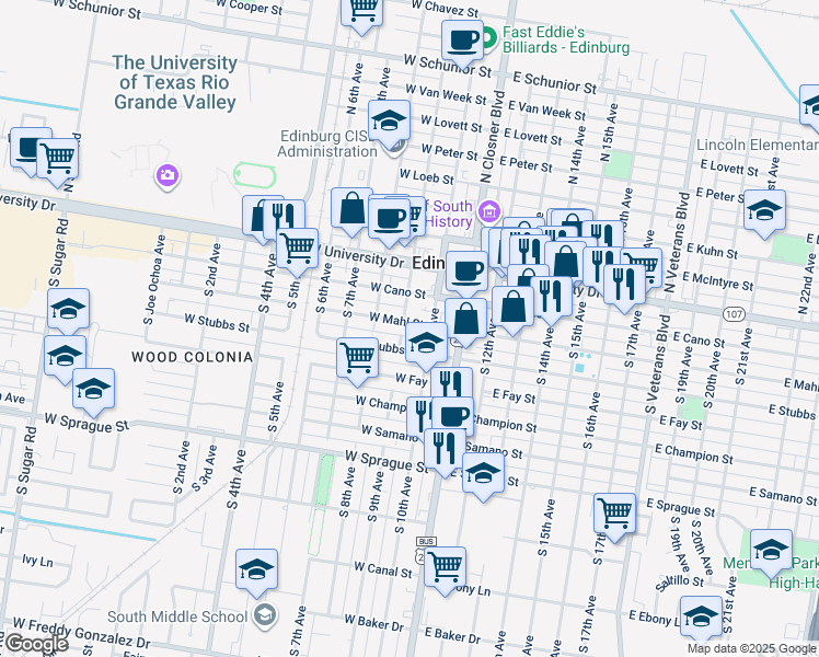 map of restaurants, bars, coffee shops, grocery stores, and more near 218 West Mahl Street in Edinburg
