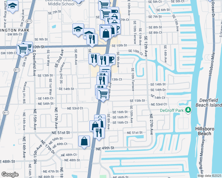 map of restaurants, bars, coffee shops, grocery stores, and more near 801 Southeast 14th Drive in Deerfield Beach