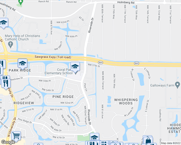 map of restaurants, bars, coffee shops, grocery stores, and more near 5801 Riverside Drive in Coral Springs