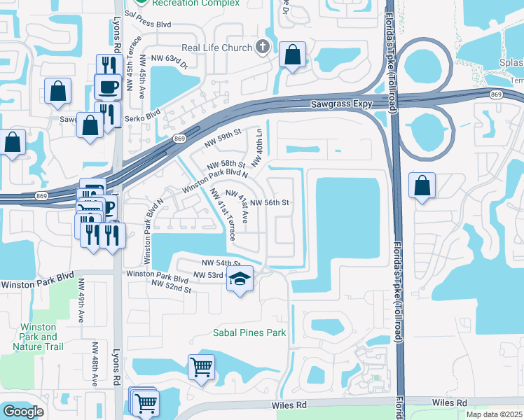 map of restaurants, bars, coffee shops, grocery stores, and more near 5550 Northwest 40th Terrace in Coconut Creek