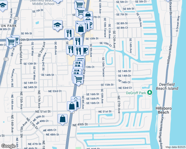 map of restaurants, bars, coffee shops, grocery stores, and more near 905 Southeast 14th Drive in Deerfield Beach