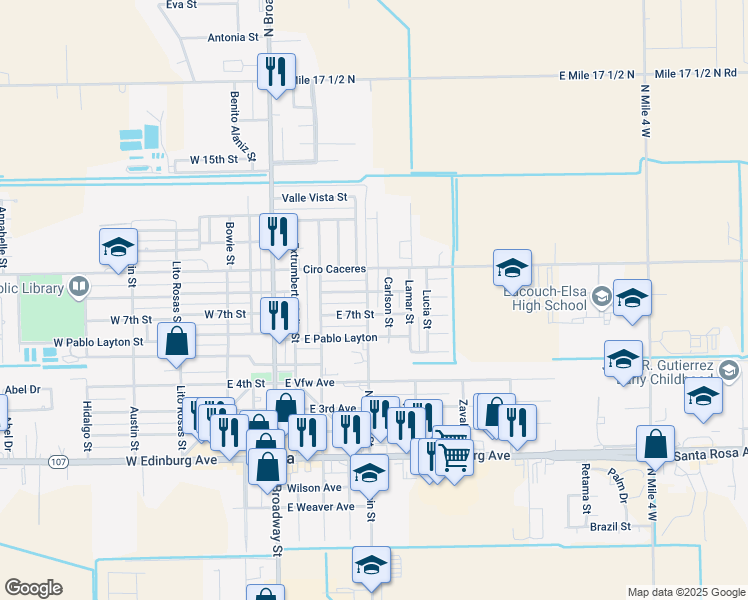 map of restaurants, bars, coffee shops, grocery stores, and more near 712 North Fannin Street in Monte Alto