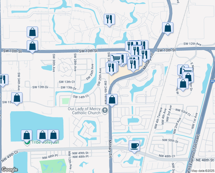 map of restaurants, bars, coffee shops, grocery stores, and more near 1360 Southwest 24th Terrace in Deerfield Beach