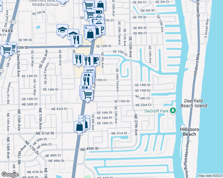 map of restaurants, bars, coffee shops, grocery stores, and more near 1015 Southeast 14th Drive in Deerfield Beach