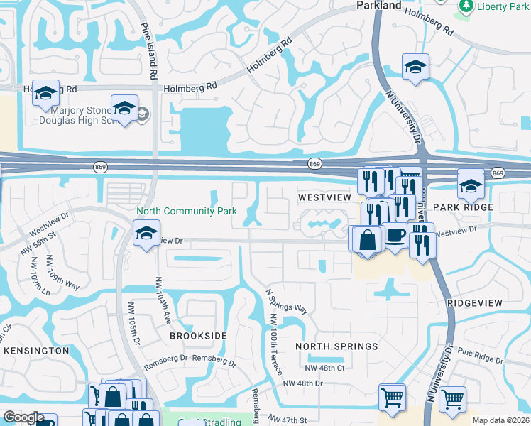 map of restaurants, bars, coffee shops, grocery stores, and more near 10051 Northwest 56th Court in Coral Springs