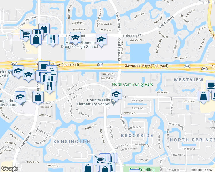 map of restaurants, bars, coffee shops, grocery stores, and more near 10540 Northwest 56th Drive in Coral Springs