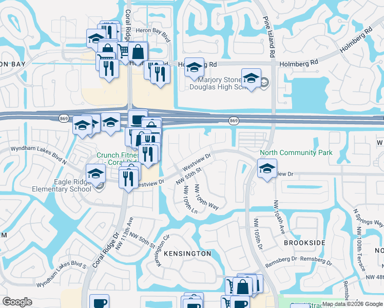 map of restaurants, bars, coffee shops, grocery stores, and more near 5604 Northwest 108th Way in Coral Springs