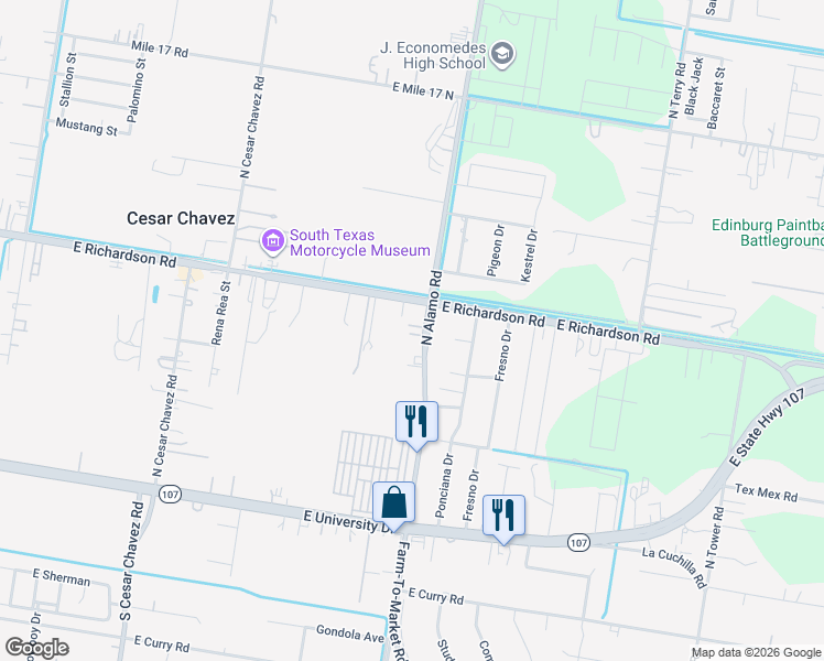 map of restaurants, bars, coffee shops, grocery stores, and more near 701 North Alamo Road in Edinburg