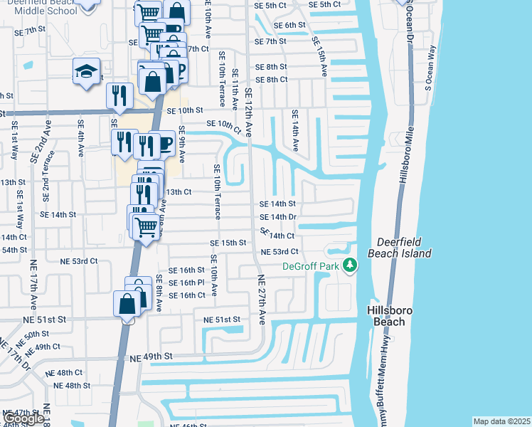 map of restaurants, bars, coffee shops, grocery stores, and more near 1221 Southeast 14th Drive in Deerfield Beach