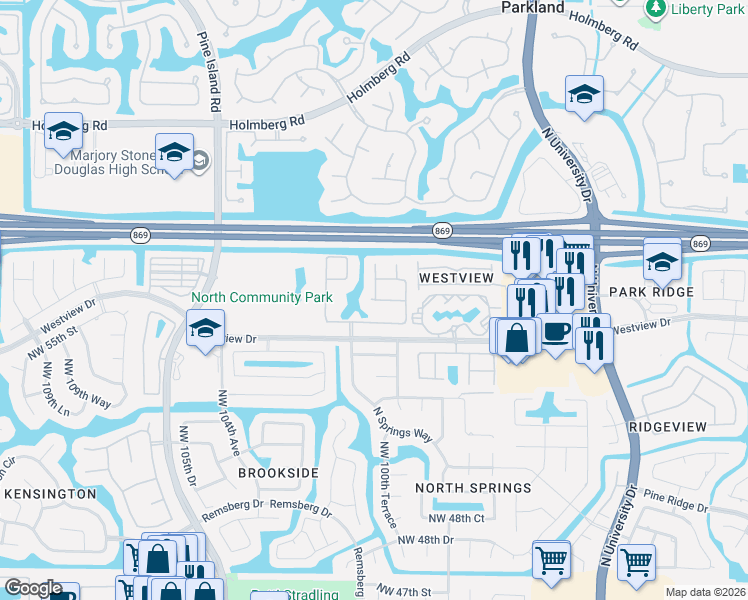 map of restaurants, bars, coffee shops, grocery stores, and more near 10051 Northwest 56th Court in Coral Springs