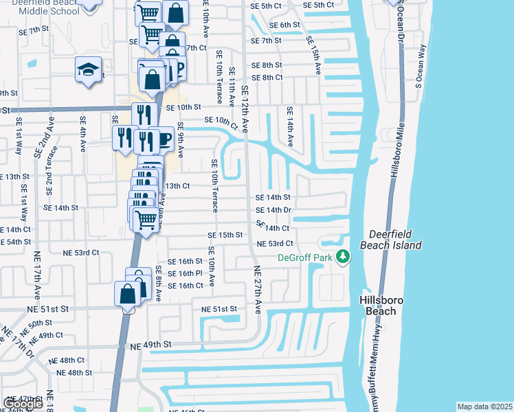 map of restaurants, bars, coffee shops, grocery stores, and more near 1221 Southeast 14th Drive in Deerfield Beach