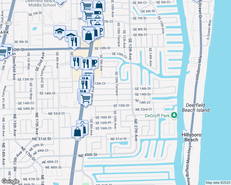map of restaurants, bars, coffee shops, grocery stores, and more near 1015 Southeast 14th Drive in Deerfield Beach