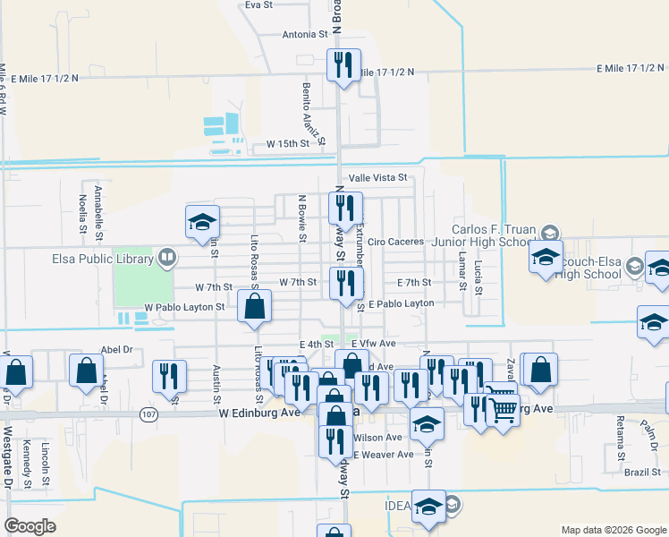map of restaurants, bars, coffee shops, grocery stores, and more near 703 Broadway Street in Elsa
