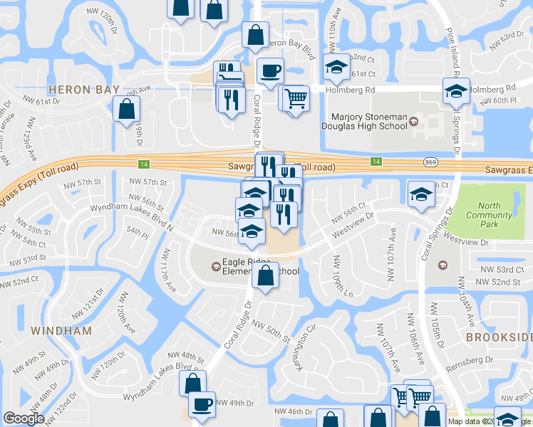 map of restaurants, bars, coffee shops, grocery stores, and more near 5741 Coral Ridge Dr in Coral Springs