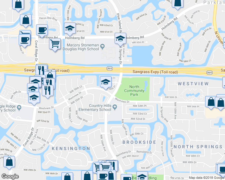 map of restaurants, bars, coffee shops, grocery stores, and more near 10540 Northwest 56th Drive in Coral Springs