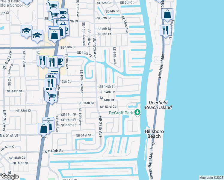 map of restaurants, bars, coffee shops, grocery stores, and more near 1309 Southeast 14th Drive in Deerfield Beach