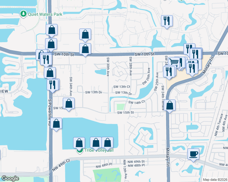 map of restaurants, bars, coffee shops, grocery stores, and more near 2893 Southwest 13th Drive in Deerfield Beach