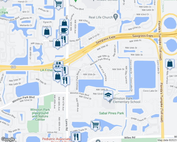 map of restaurants, bars, coffee shops, grocery stores, and more near 5601 Northwest 43rd Way in Coconut Creek