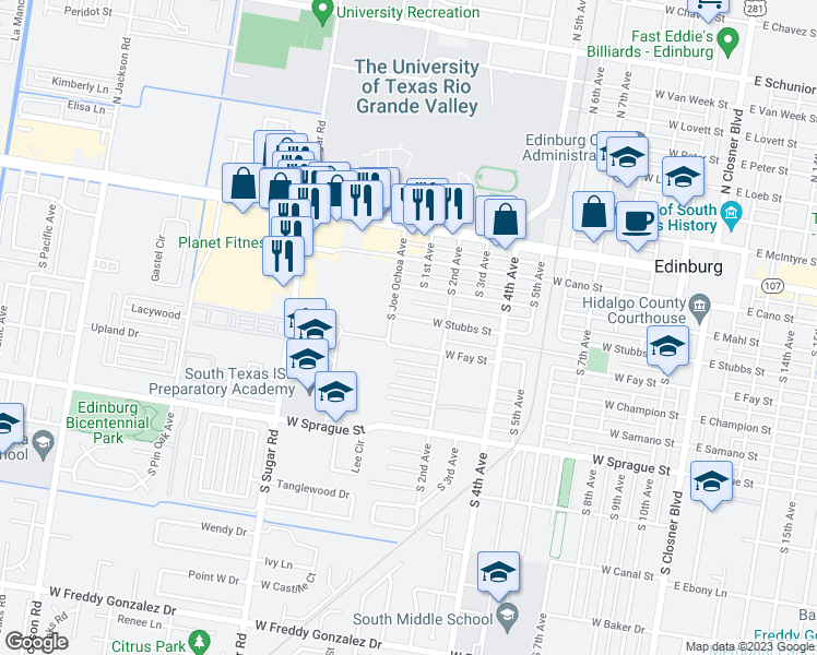 map of restaurants, bars, coffee shops, grocery stores, and more near 1108 West Stubbs Street in Edinburg