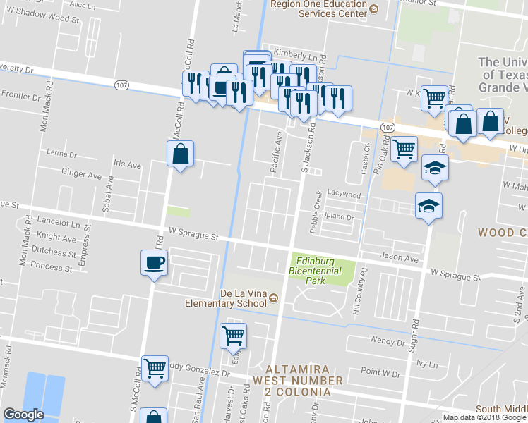 map of restaurants, bars, coffee shops, grocery stores, and more near 1014 Samano Street in Edinburg