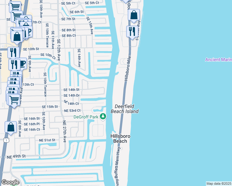 map of restaurants, bars, coffee shops, grocery stores, and more near 1198 Florida A1A in Hillsboro Beach