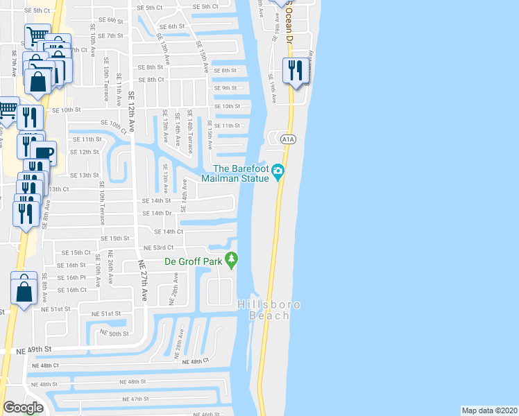 map of restaurants, bars, coffee shops, grocery stores, and more near 1198 Florida A1A in Hillsboro Beach