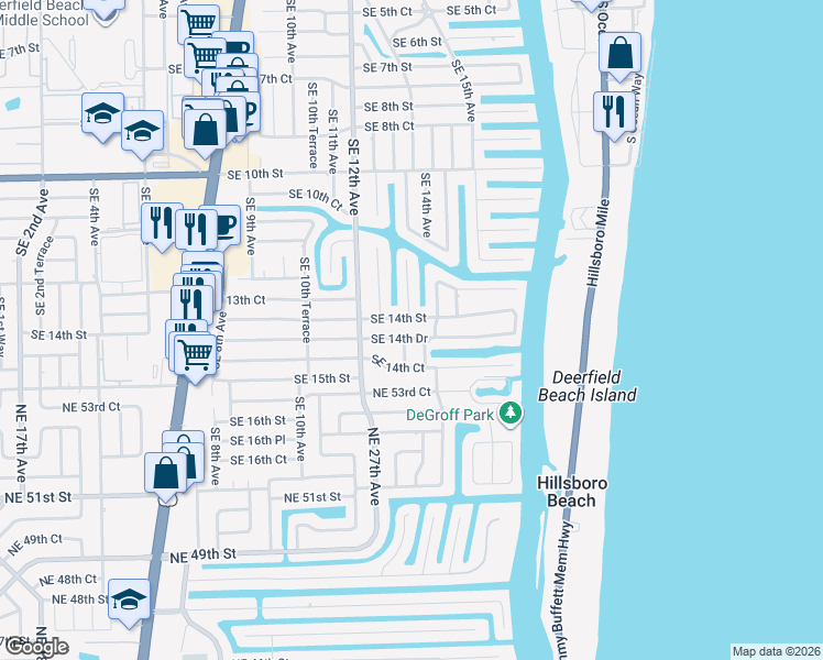 map of restaurants, bars, coffee shops, grocery stores, and more near 1309 Southeast 14th Drive in Deerfield Beach