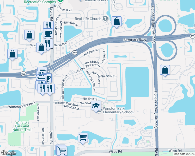 map of restaurants, bars, coffee shops, grocery stores, and more near 5554 Northwest 41st Terrace in Coconut Creek