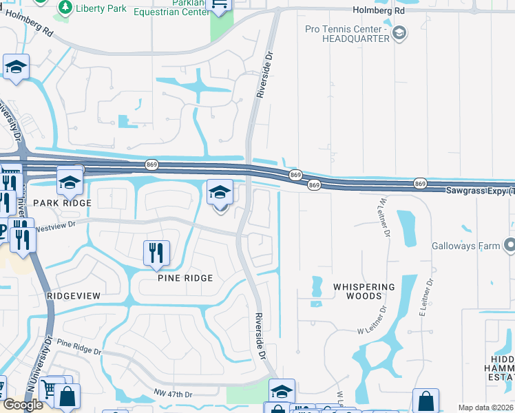 map of restaurants, bars, coffee shops, grocery stores, and more near 5601 Riverside Drive in Coral Springs