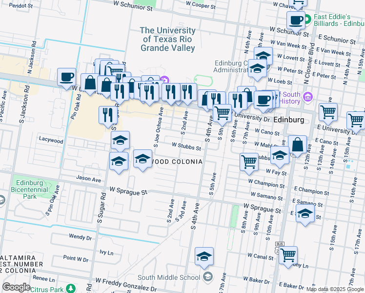 map of restaurants, bars, coffee shops, grocery stores, and more near 904 West Stubbs Street in Edinburg