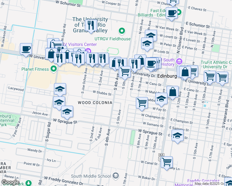 map of restaurants, bars, coffee shops, grocery stores, and more near 723 West Stubbs Street in Edinburg