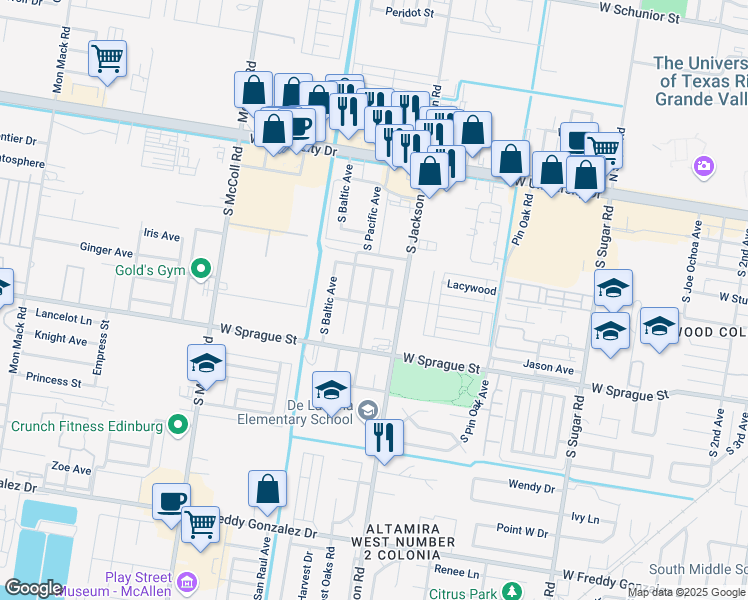 map of restaurants, bars, coffee shops, grocery stores, and more near 518 Boardwalk Street in Edinburg