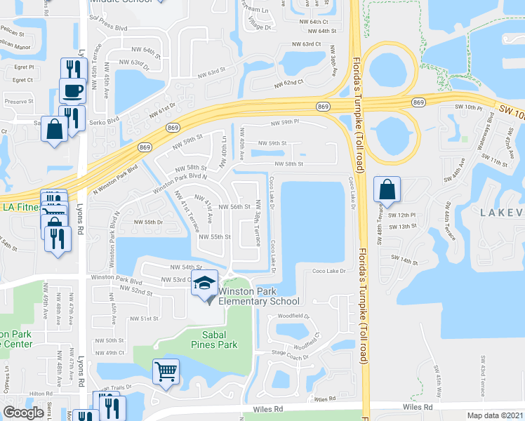 map of restaurants, bars, coffee shops, grocery stores, and more near 5590 Northwest 38th Terrace in Coconut Creek