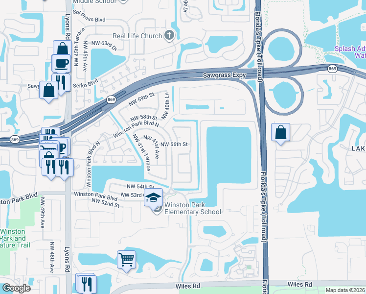 map of restaurants, bars, coffee shops, grocery stores, and more near 3926 Northwest 56th Street in Coconut Creek
