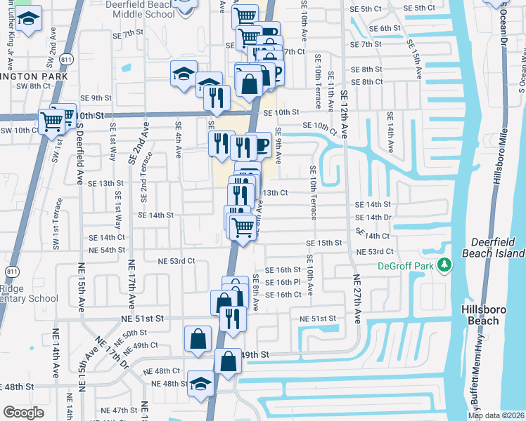 map of restaurants, bars, coffee shops, grocery stores, and more near 801 Southeast 14th Drive in Deerfield Beach