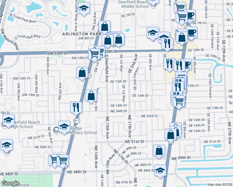 map of restaurants, bars, coffee shops, grocery stores, and more near 118 Southeast 14th Street in Deerfield Beach