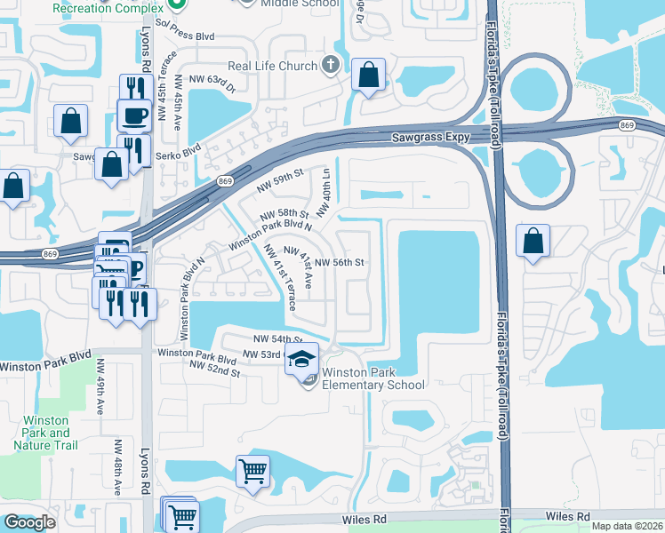 map of restaurants, bars, coffee shops, grocery stores, and more near 5551 Northwest 40th Terrace in Coconut Creek