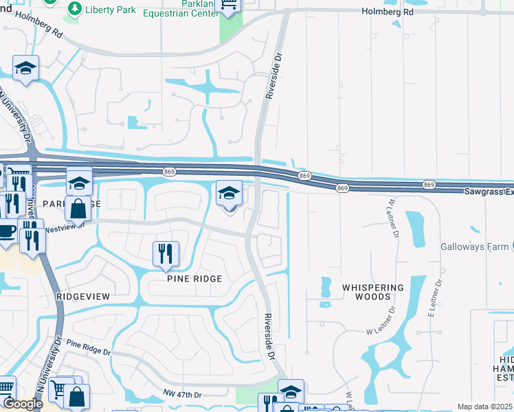 map of restaurants, bars, coffee shops, grocery stores, and more near 5601 Riverside Drive in Coral Springs