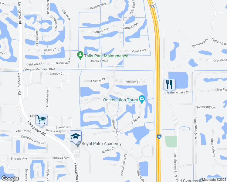 map of restaurants, bars, coffee shops, grocery stores, and more near 5964 Sand Wedge Lane in Naples