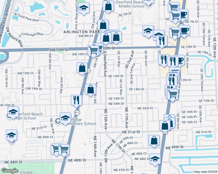 map of restaurants, bars, coffee shops, grocery stores, and more near 1325 Southeast 1st Avenue in Deerfield Beach