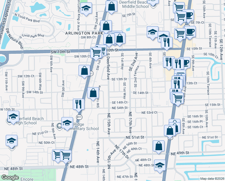 map of restaurants, bars, coffee shops, grocery stores, and more near 1325 Southeast 1st Avenue in Deerfield Beach
