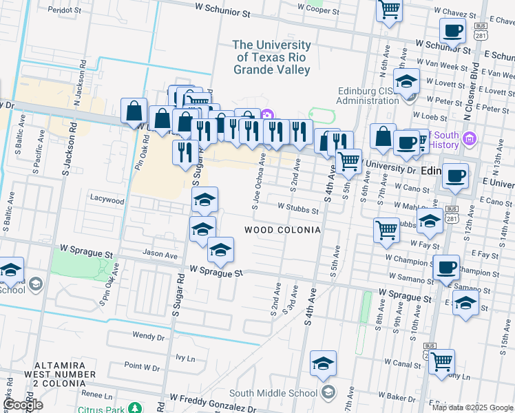 map of restaurants, bars, coffee shops, grocery stores, and more near 1122 West Stubbs Street in Edinburg
