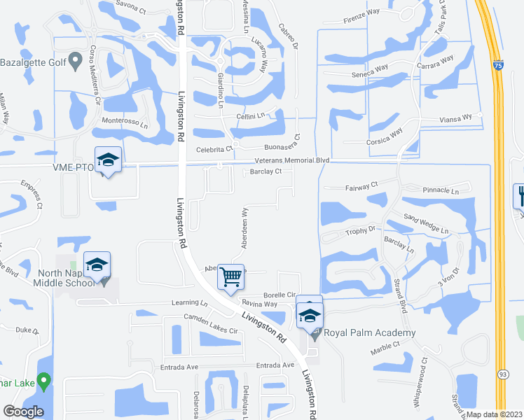 map of restaurants, bars, coffee shops, grocery stores, and more near 16320 Aberdeen Way in Naples
