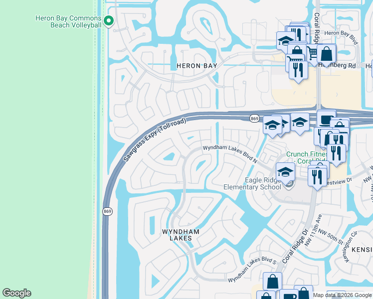 map of restaurants, bars, coffee shops, grocery stores, and more near 12323 Northwest 56th Court in Coral Springs
