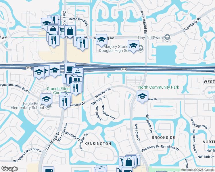 map of restaurants, bars, coffee shops, grocery stores, and more near 10750 Northwest 56th Court in Coral Springs